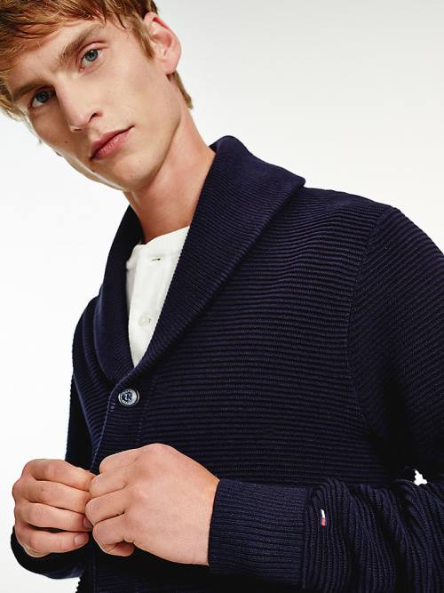 Tommy Hilfiger Shawl Collar Rib-Knit Cardigan Pulóverek Férfi Kék | TH746UMK