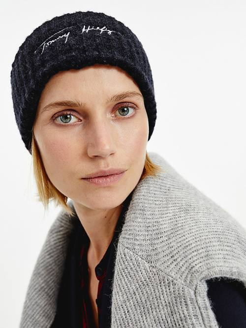 Tommy Hilfiger Signature Alpaca Wool Rib-Knit Beanie Kalap Női Kék | TH937PLW