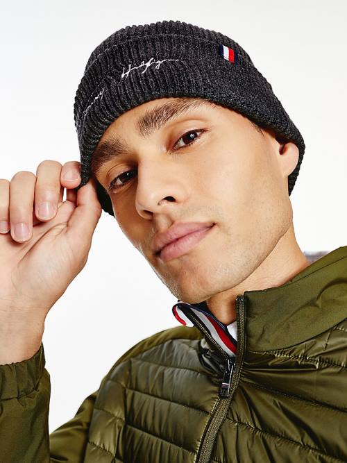 Tommy Hilfiger Signature Embroidery Rib-Knit Beanie Kalap Férfi Szürke | TH849NZQ