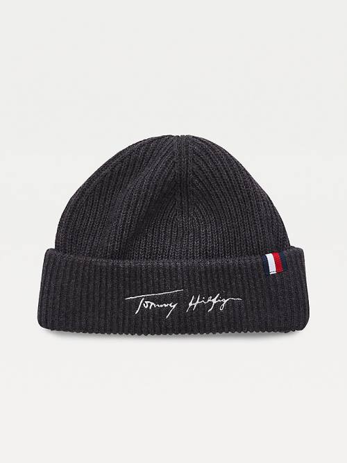 Tommy Hilfiger Signature Embroidery Rib-Knit Beanie Kalap Férfi Szürke | TH849NZQ