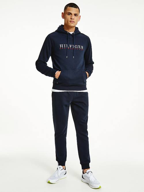 Tommy Hilfiger Signature Flex Fleece Logo Kapucnis Pulóver Férfi Kék | TH013YZS