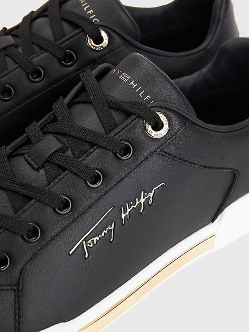 Tommy Hilfiger Signature Logo Bőr Cupsole Tornacipő Női Fekete | TH409WAE