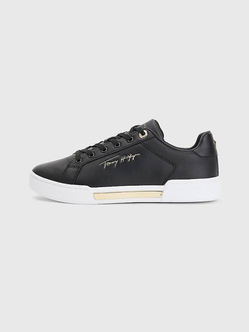 Tommy Hilfiger Signature Logo Bőr Cupsole Tornacipő Női Fekete | TH409WAE