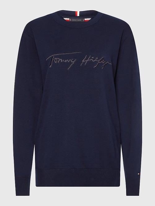 Tommy Hilfiger Signature Logo Embroidery Jumper Pulóverek Férfi Kék | TH369YUK