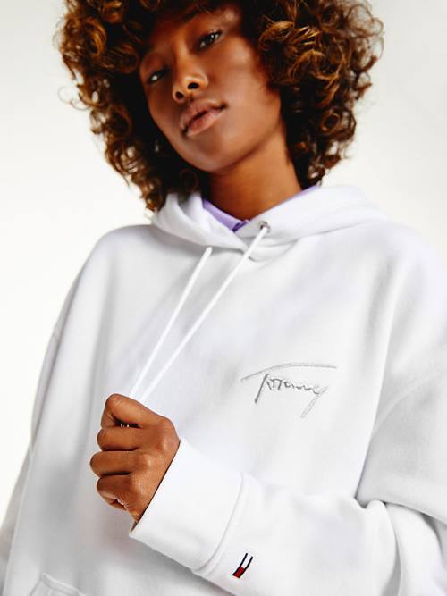 Tommy Hilfiger Signature Logo Oversized Kapucnis Pulóver Női Fehér | TH483JEK