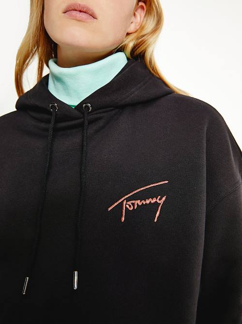 Tommy Hilfiger Signature Logo Oversized Kapucnis Pulóver Női Fekete | TH895KSY