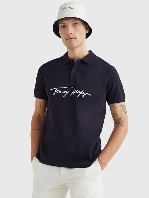 Tommy Hilfiger Signature Logo Regular Fit Póló Férfi Kék | TH395EUD