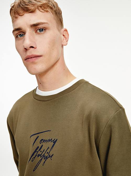 Tommy Hilfiger Signature Logo Stretch Organic Pamut Sweatshirt Pizsama Férfi Khaki | TH068XPD