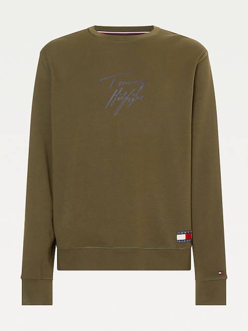 Tommy Hilfiger Signature Logo Stretch Organic Pamut Sweatshirt Pizsama Férfi Khaki | TH068XPD