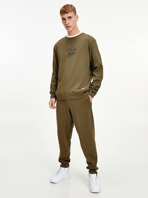 Tommy Hilfiger Signature Logo Stretch Organic Pamut Sweatshirt Pizsama Férfi Khaki | TH068XPD