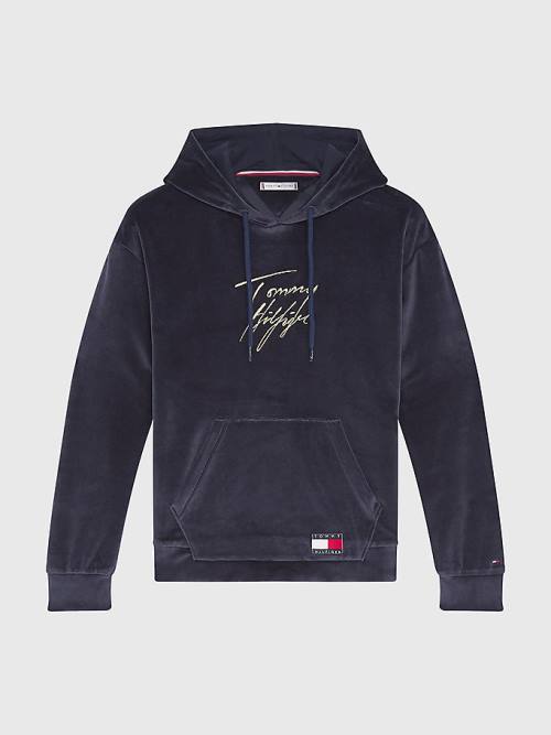 Tommy Hilfiger Signature Logo Velour Kapucnis Pulóver Női Kék | TH653JLT