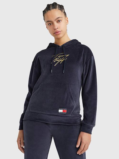 Tommy Hilfiger Signature Logo Velour Kapucnis Pulóver Női Kék | TH653JLT