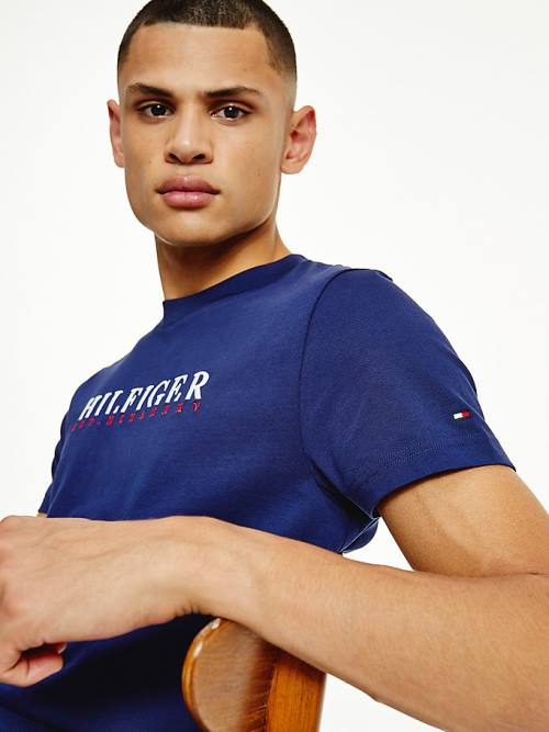 Tommy Hilfiger Signature Organic Pamut Graphic Logo Póló Férfi Kék | TH875OMJ