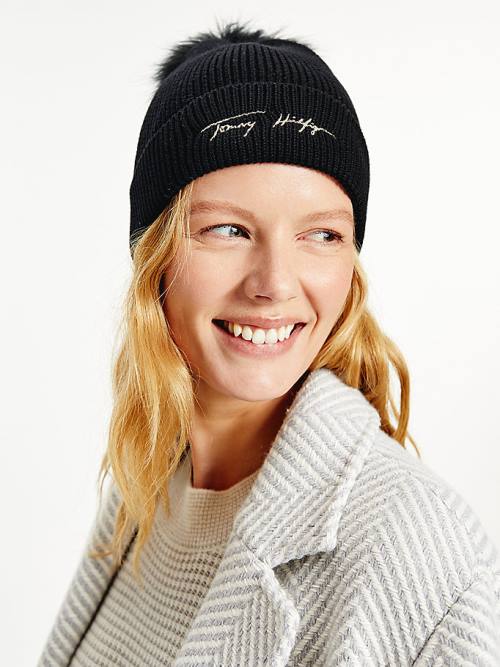 Tommy Hilfiger Signature Pom Pom Beanie Kalap Női Fekete | TH138WHN