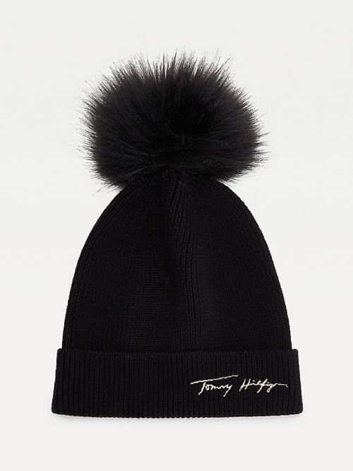 Tommy Hilfiger Signature Pom Pom Beanie Kalap Női Fekete | TH138WHN