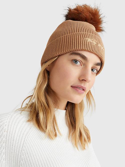 Tommy Hilfiger Signature Pom Pom Beanie Kalap Női Bézs | TH269DCR