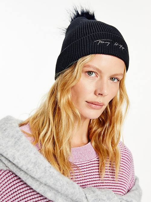 Tommy Hilfiger Signature Pom Pom Beanie Kalap Női Kék | TH412PYA