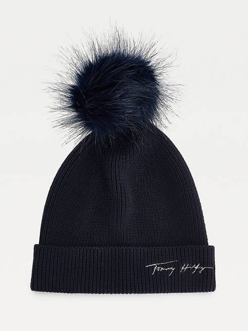 Tommy Hilfiger Signature Pom Pom Beanie Kalap Női Kék | TH412PYA