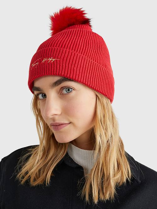 Tommy Hilfiger Signature Pom Pom Beanie Kalap Női Piros | TH672XLA