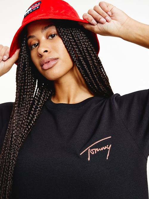 Tommy Hilfiger Signature Recycled Pamut Relaxed Póló Női Fekete | TH287OPH