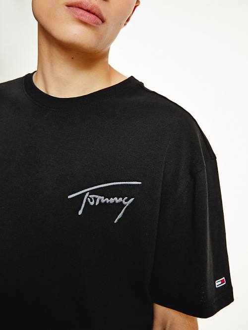 Tommy Hilfiger Signature Recycled Pamut Póló Férfi Fekete | TH841PDK