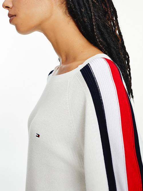 Tommy Hilfiger Signature Sleeve Round Neck Jumper Pulóverek Női Fehér | TH230FEY