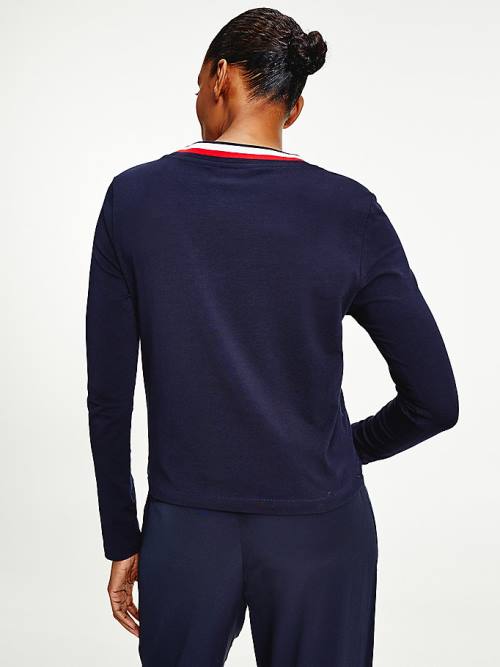 Tommy Hilfiger Signature Tape V-Neck Long Sleeve Póló Női Kék | TH382JRT