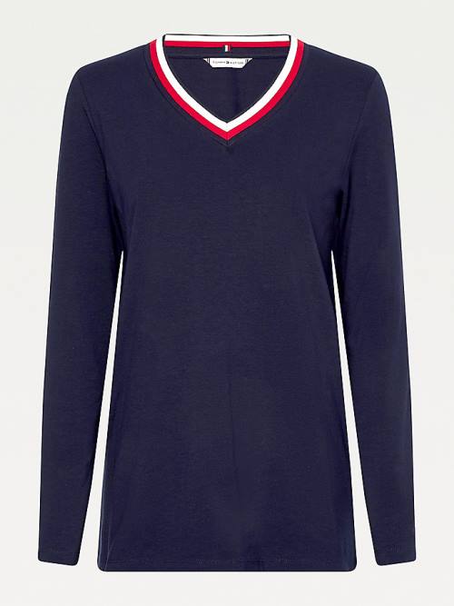 Tommy Hilfiger Signature Tape V-Neck Long Sleeve Póló Női Kék | TH382JRT