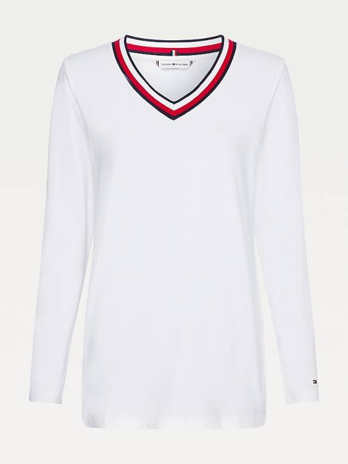 Tommy Hilfiger Signature Tape V-Neck Long Sleeve Póló Női Fehér | TH592SIV