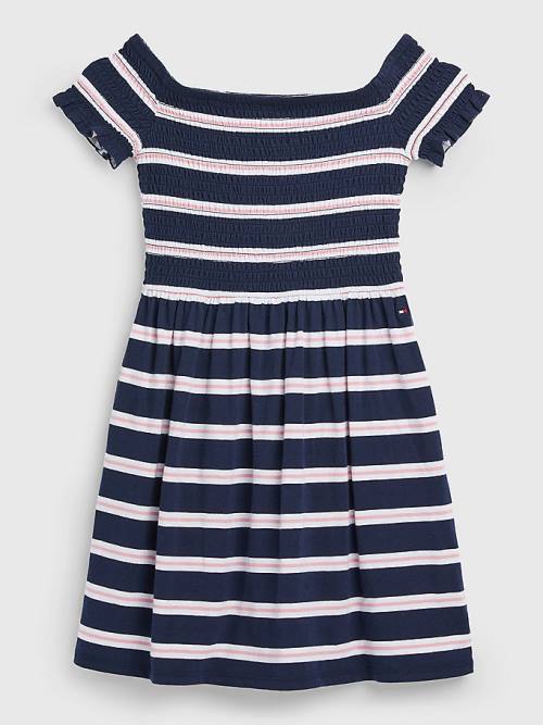 Tommy Hilfiger Smocked Stripe Fit & Flare Ruha Lány Kék | TH139GAN