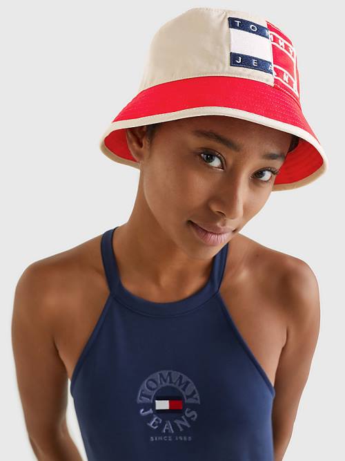 Tommy Hilfiger Spliced Logo Colour-Blocked Bucket Kalap Női Piros | TH938VFD