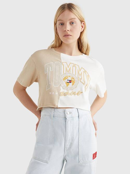 Tommy Hilfiger Spliced Logo Cropped Póló Női Bézs | TH871XGT