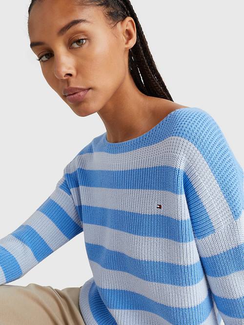 Tommy Hilfiger Stripe Csónak Neck Relaxed Fit Jumper Pulóverek Női Kék | TH104DUS