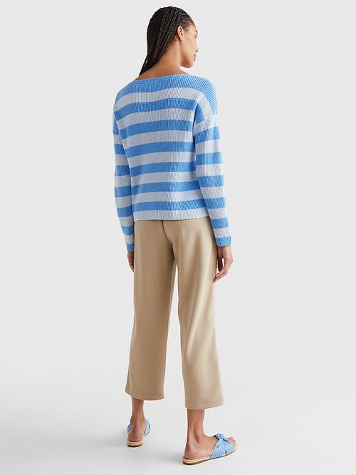 Tommy Hilfiger Stripe Csónak Neck Relaxed Fit Jumper Pulóverek Női Kék | TH104DUS