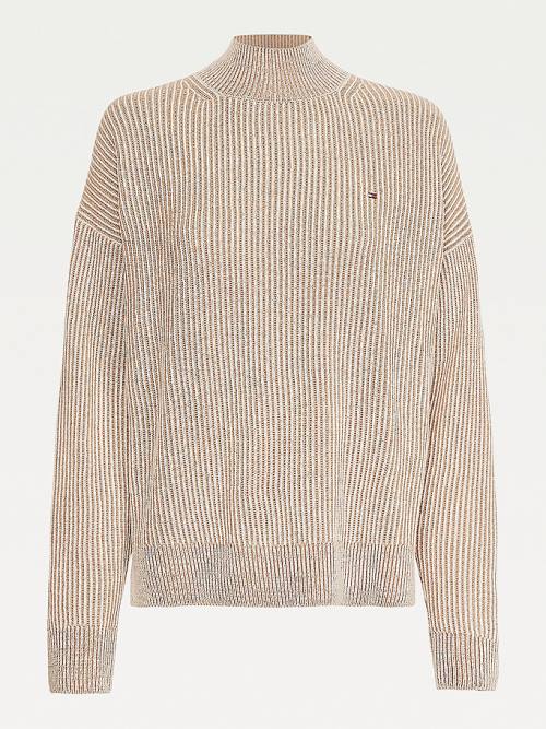 Tommy Hilfiger Stripe Mock Turtleneck Wool Jumper Pulóverek Női Bézs | TH450NIA