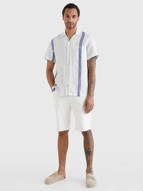 Tommy Hilfiger Stripe Rövid Sleeve Linen Ingek Férfi Bézs | TH602WOQ