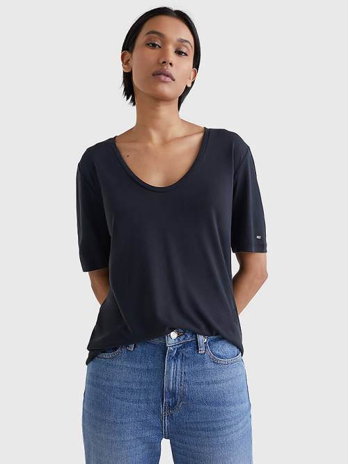 Tommy Hilfiger Sueded Scoop Neck Relaxed Póló Női Fekete | TH683LOC