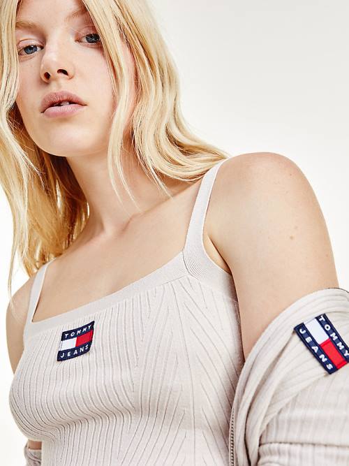 Tommy Hilfiger Super Cropped Badge Ribbed Cami Pulóverek Női Bézs | TH380CYZ