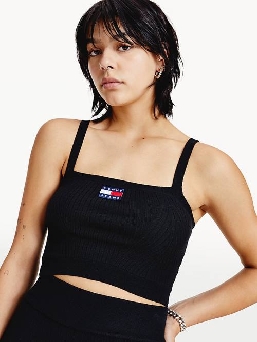 Tommy Hilfiger Super Cropped Badge Ribbed Cami Pulóverek Női Fekete | TH981MXZ