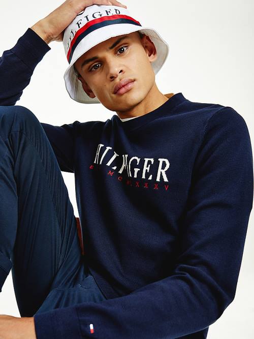 Tommy Hilfiger Supima Pamut Graphic Crew Neck Jumper Pulóverek Férfi Kék | TH690YJX