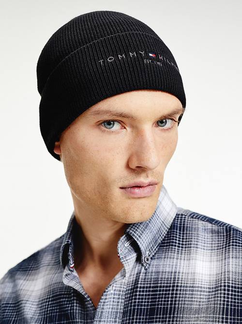 Tommy Hilfiger TH Established Knitted Pamut Beanie Kalap Férfi Fekete | TH183CHZ