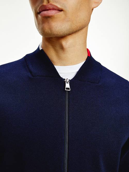 Tommy Hilfiger TH Flex Baseball Collar Zip-Thru Cardigan Pulóverek Férfi Kék | TH260ERC