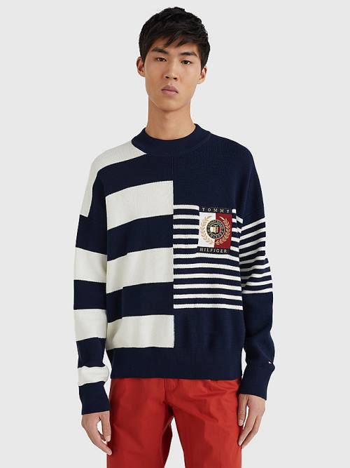 Tommy Hilfiger TH Flex Crest Stripe Jumper Pulóverek Férfi Kék | TH958HVM