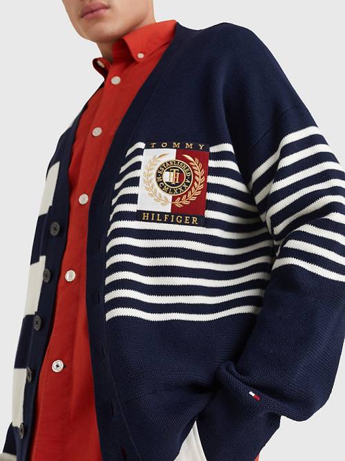 Tommy Hilfiger TH Flex Stripe Crest Cardigan Pulóverek Férfi Kék | TH573QDZ