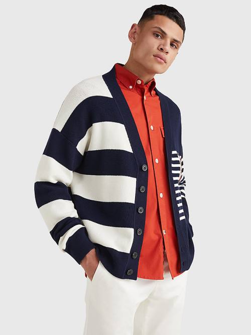 Tommy Hilfiger TH Flex Stripe Crest Cardigan Pulóverek Férfi Kék | TH573QDZ