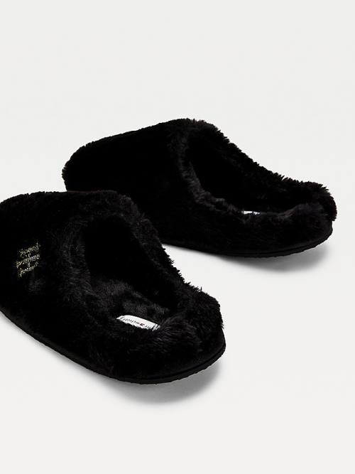 Tommy Hilfiger TH Monogram Faux Fur Papucs Női Fekete | TH395LYH