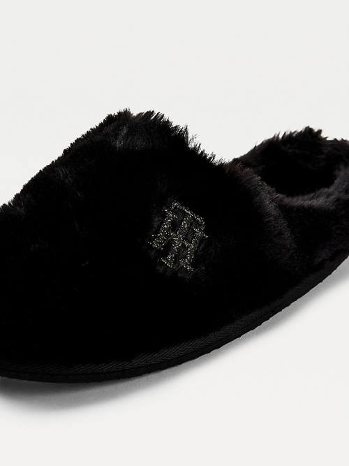 Tommy Hilfiger TH Monogram Faux Fur Papucs Női Fekete | TH395LYH