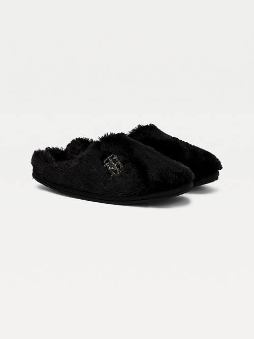 Tommy Hilfiger TH Monogram Faux Fur Papucs Női Fekete | TH395LYH