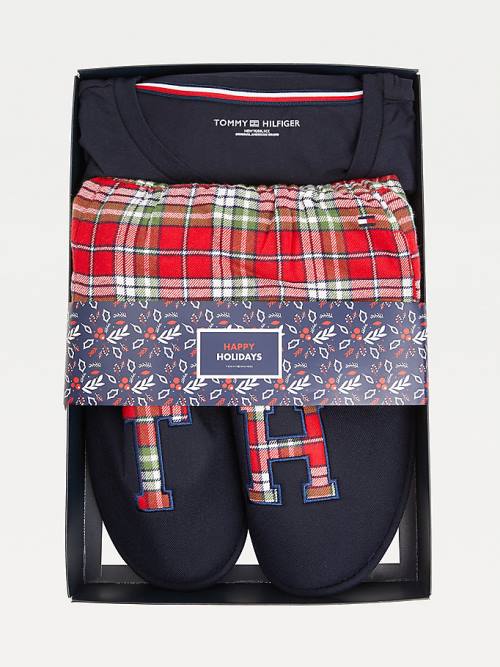 Tommy Hilfiger Tartan Flannel And Slippers Set Pizsama Férfi Kék | TH017ZMK