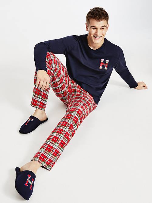 Tommy Hilfiger Tartan Flannel And Slippers Set Pizsama Férfi Kék | TH017ZMK